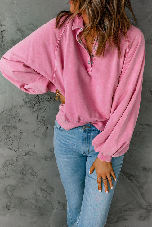Lantern Sleeve Snap Button Placket Washed Pullover Casual Round Neck Sweatshirt
